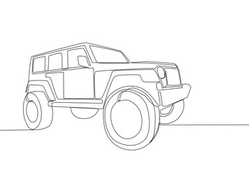 Single line drawing of 4x4 wheel drive tough jeep vector