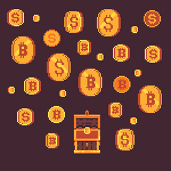 Bitcoin and golden coints with open chest pixel vector