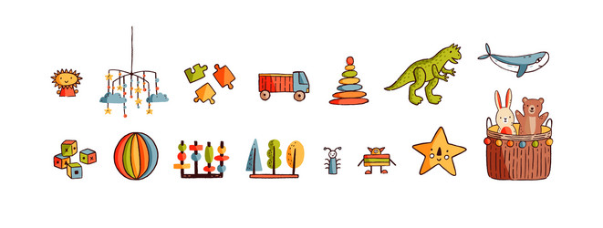 Set different hand drawn childish toy vector