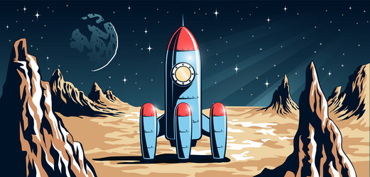 rocket stands on a distant moon with starry sky vector image