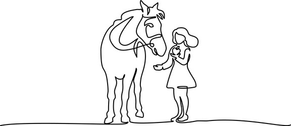 One line drawing girl feeding a horse Royalty Free Vector