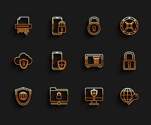 set line shield with world globe ftp folder vector image