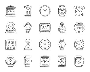 watch charcoal draw line icons set vector