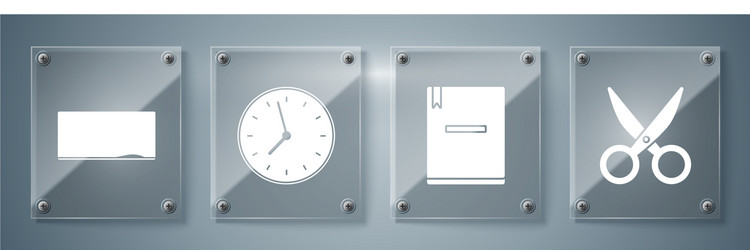 set scissors notebook clock and chalkboard vector image