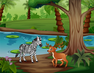 Cartoon a zebra and little deer by the river vector