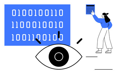 woman analyzing binary data with a calculator vector image