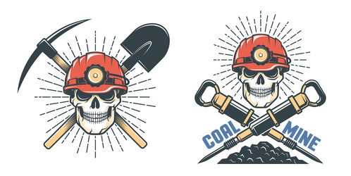 Skull Miner with Pickaxe & Helmet Vector Image