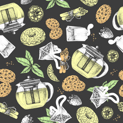 Seamless pattern with teapots and lemon vector