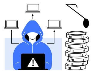 hacker in hoodie accessing laptop with alert vector image