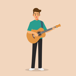 Standing man holding and playing acoustic guitar vector