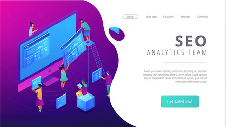 Isometric seo analytics team landing page vector