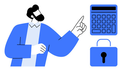 man pointing at a calculator and lock symbol vector image