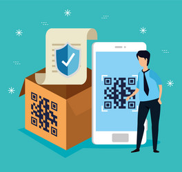 Code qr in smartphone with businessman and icons vector