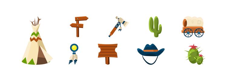 Wild west object and different elements set vector