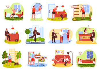 man daily routine waking up working at office vector image
