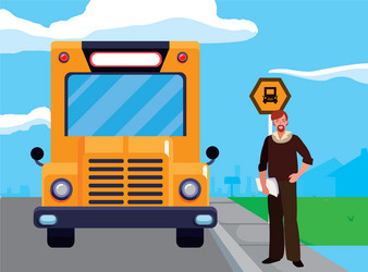 Teacher male with documents in stop bus vector