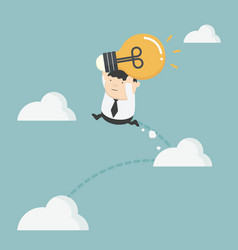 Obese businessman holding bulbs jump up cloud vector