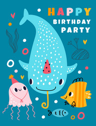 Birthday party invitation design cute baby shark vector