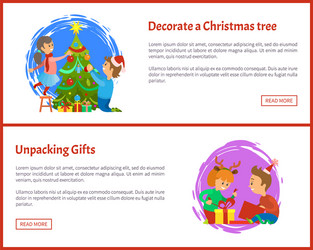 Decorating christmas tree and unpacking gifts web vector