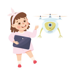 little girl with tablet programming drone robot vector image