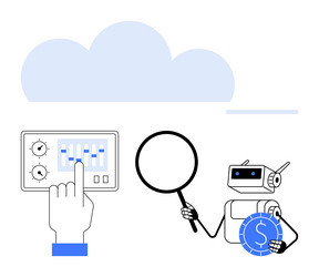 hand adjusting control panel with robot analyzing vector image