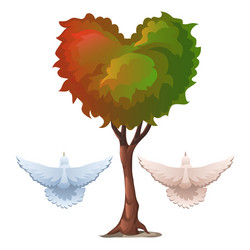 Tree with foliage in the shape of heart and doves vector