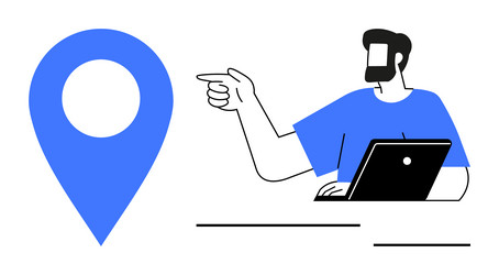 man using laptop pointing at blue location marker vector image