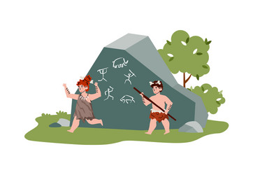 prehistoric cave children stone age draws vector