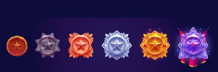 Game ranking badges with shields star Royalty Free Vector