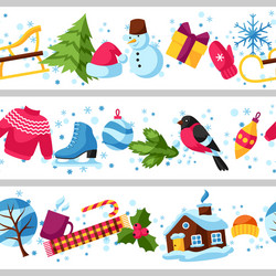 seamless borders with winter objects merry vector