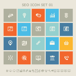 seo icons set 1 multicolored square flat buttons vector