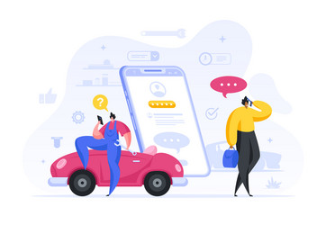 diverse mechanic and customer communicating via vector image