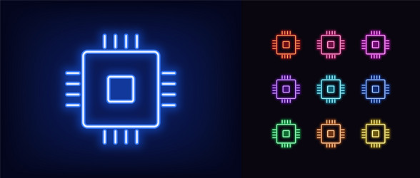 neon cpu icon glowing microchip sign set vector image