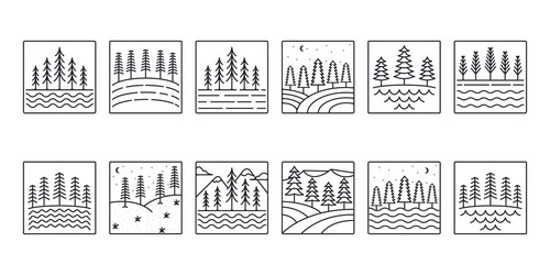 Pine Tree Line Art Set vector image