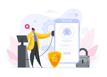 Man searching for viruses in modern smartphone vector