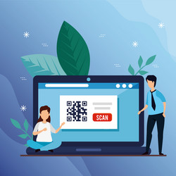 Scan code qr in laptop with man and icons vector