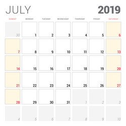 calendar planner for july 2019 week starts vector