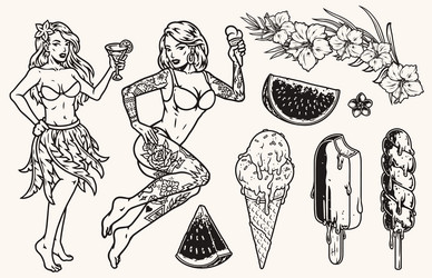 hawaiian set element vintage monochrome Vector Image