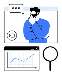 man thinking during virtual meeting with graph vector image