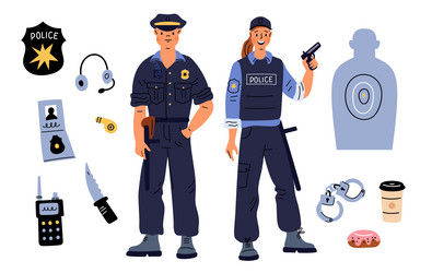 Cartoon police elements patrol man and woman vector