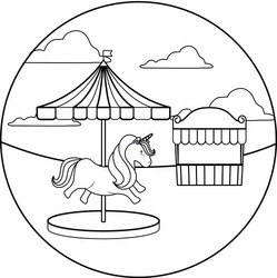 Carousel with unicorn and tent circus in frame vector