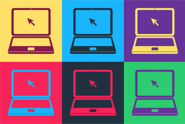 Pop art laptop with cursor icon isolated on color vector