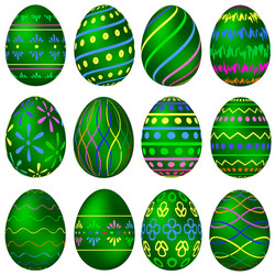 A set of green easter eggs with colorful patterns vector