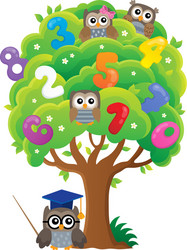 Tree with owls and numbers theme 1 vector