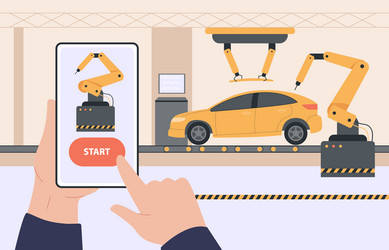 man controlling conveyers work using phone vector image