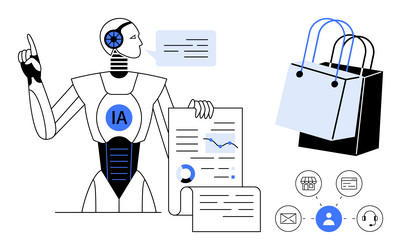 robot analyzing data and holding document near vector image