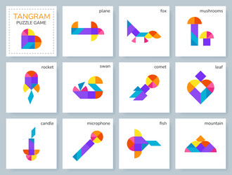 tangram puzzle set with various objects vector image