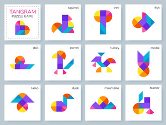 tangram puzzle set with various objects vector image