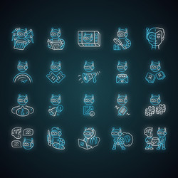 Bot types neon light icons set crawler hacker vector