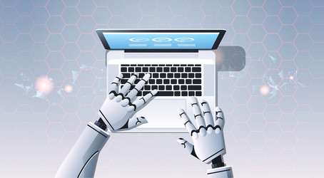 robot hands using laptop computer typing top angle vector image